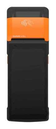 Sunmi V2s — the handheld Sellify till, with a receipt feeding out of the printer at the top
