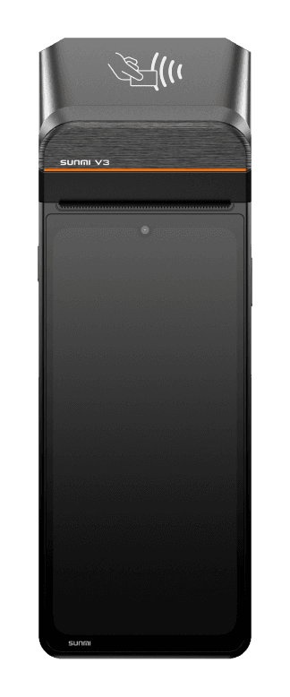 Sunmi V3 — the handheld Sellify till, with a receipt feeding out of the printer at the top