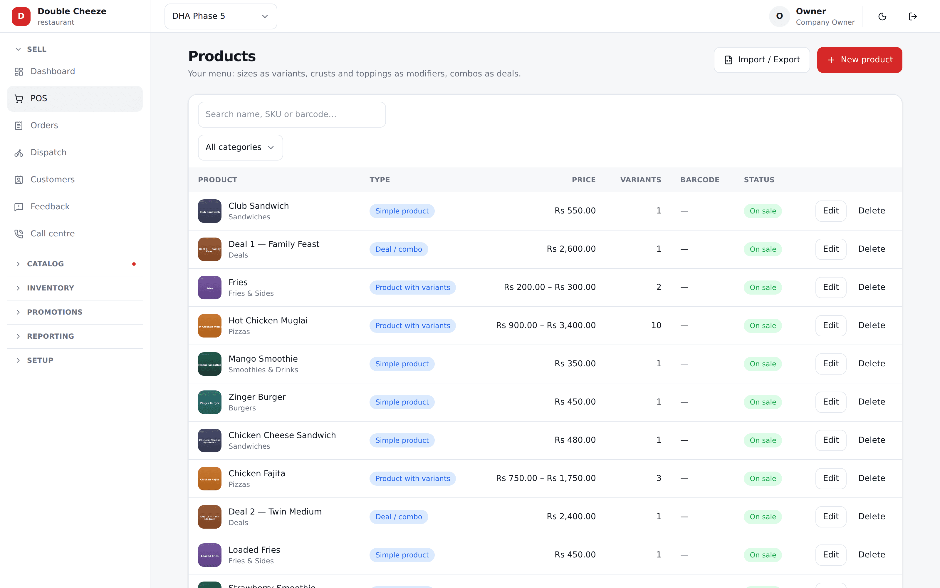 The Sellify products screen with categories, prices and variants