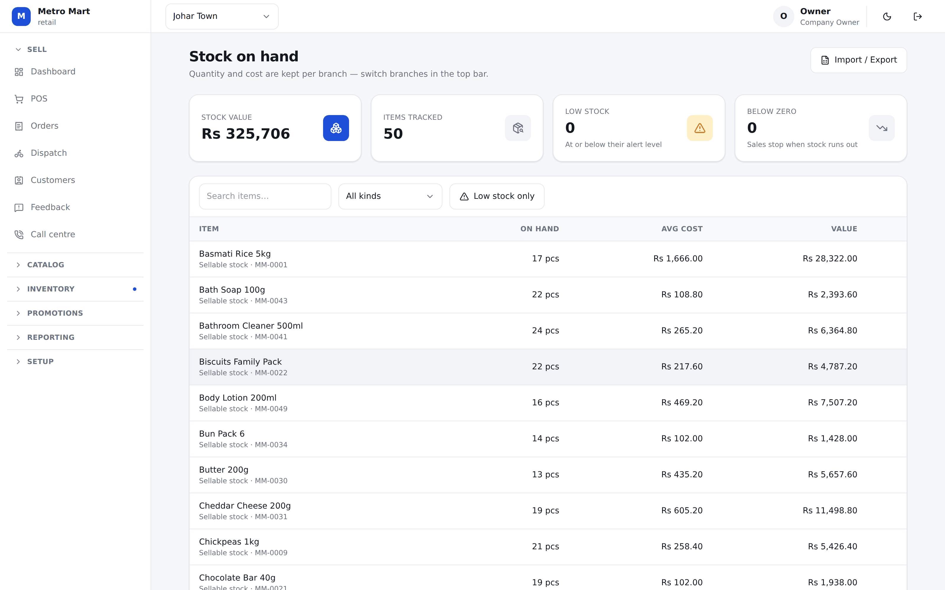 Stock on hand in Sellify, per branch, with quantity and value
