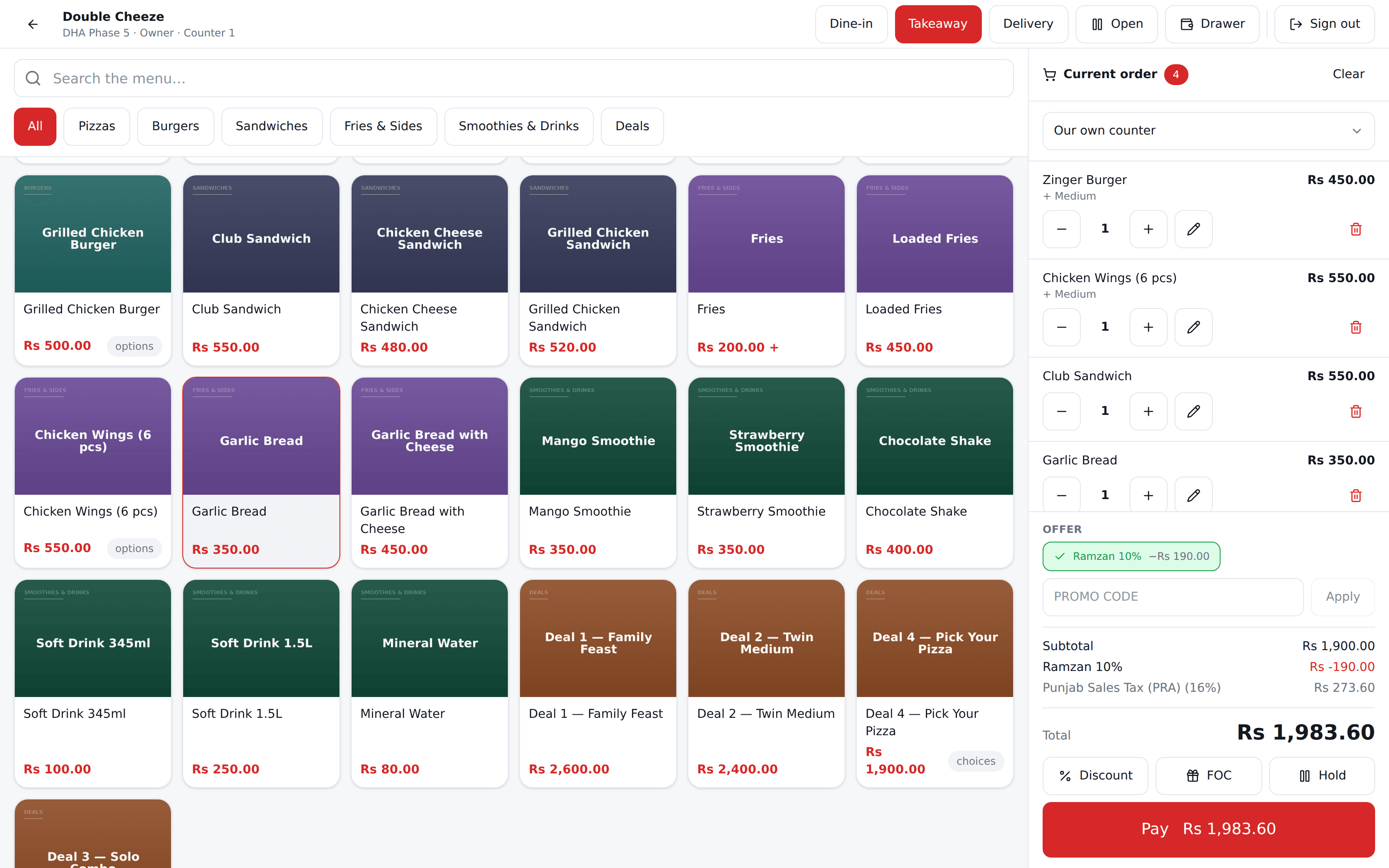 The Sellify till running a takeaway order with the cart, tax and total