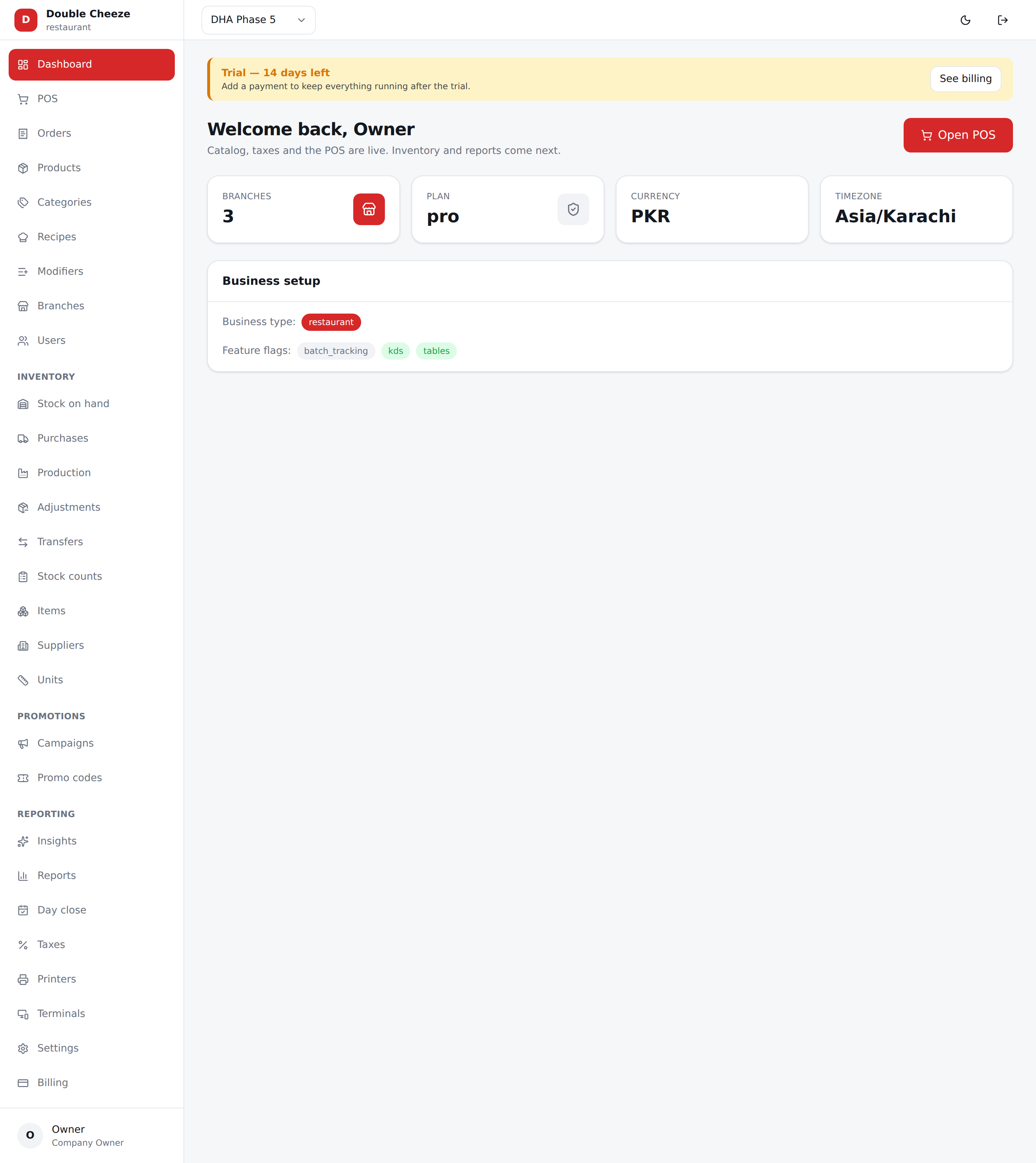 The dashboard: branch dropdown and dark-mode toggle top right, the menu down the left.