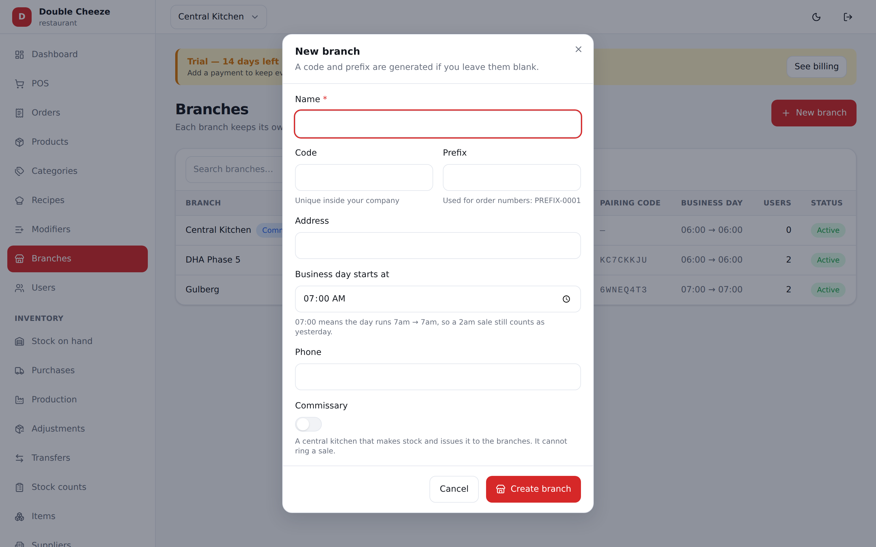Adding a branch. The prefix numbers both its orders and its invoices.