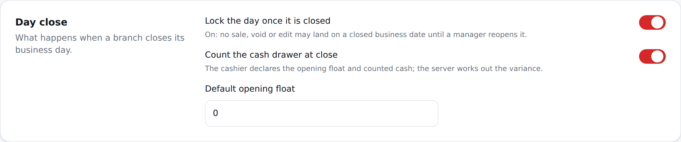 Day close: locking the day and the cash count.