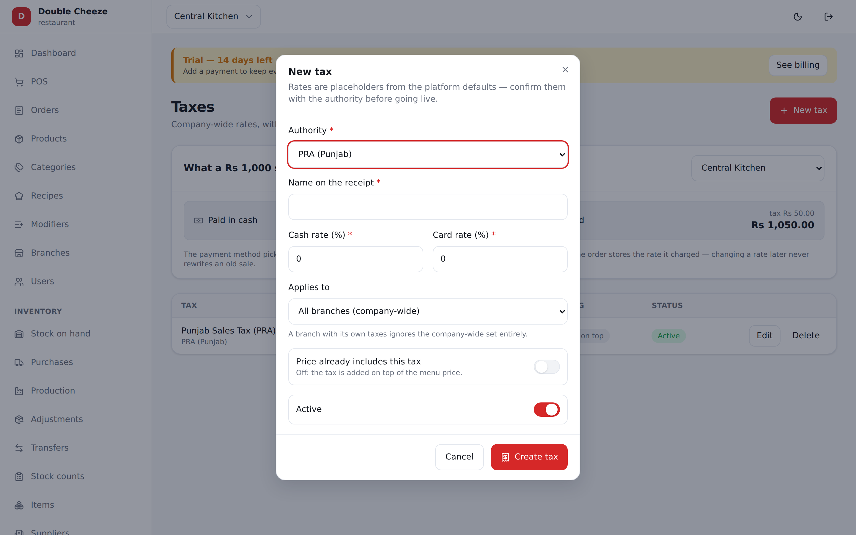 Adding a tax: a cash rate and a card rate, because the payment method picks the rate.