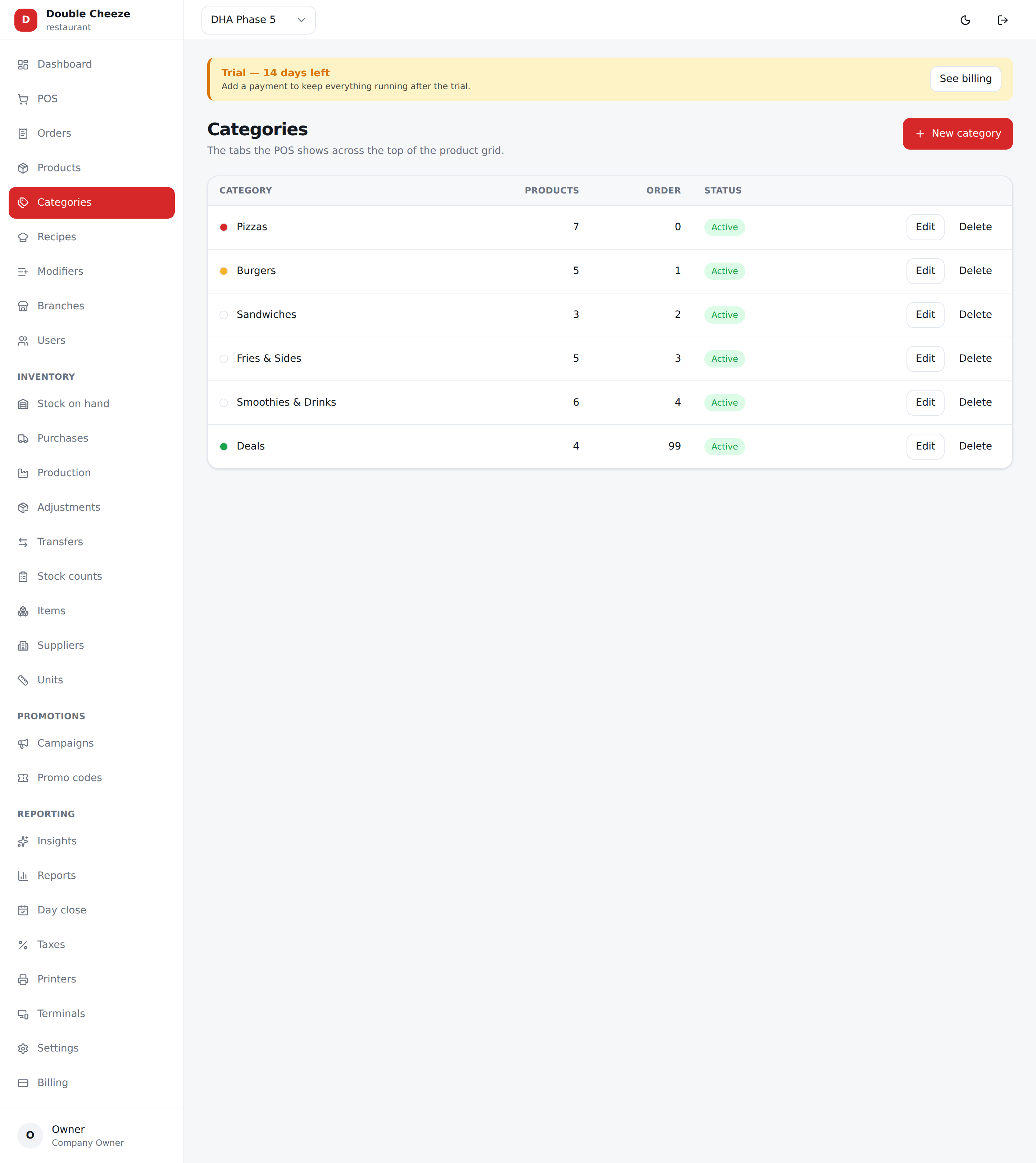 Categories order the POS grid — drag them into the order you want them shown.
