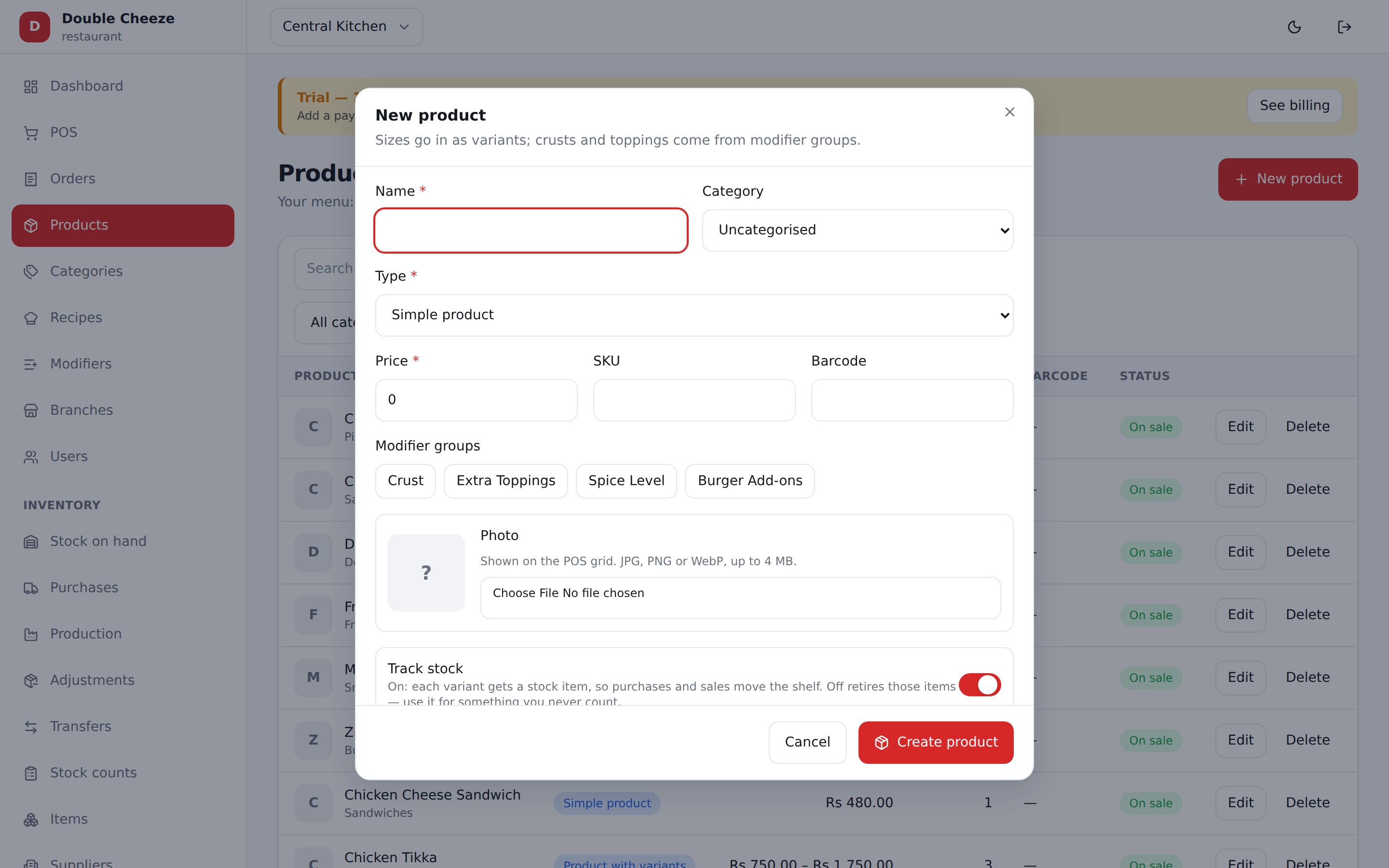 Adding a product. A simple product still carries one variant, called Regular.