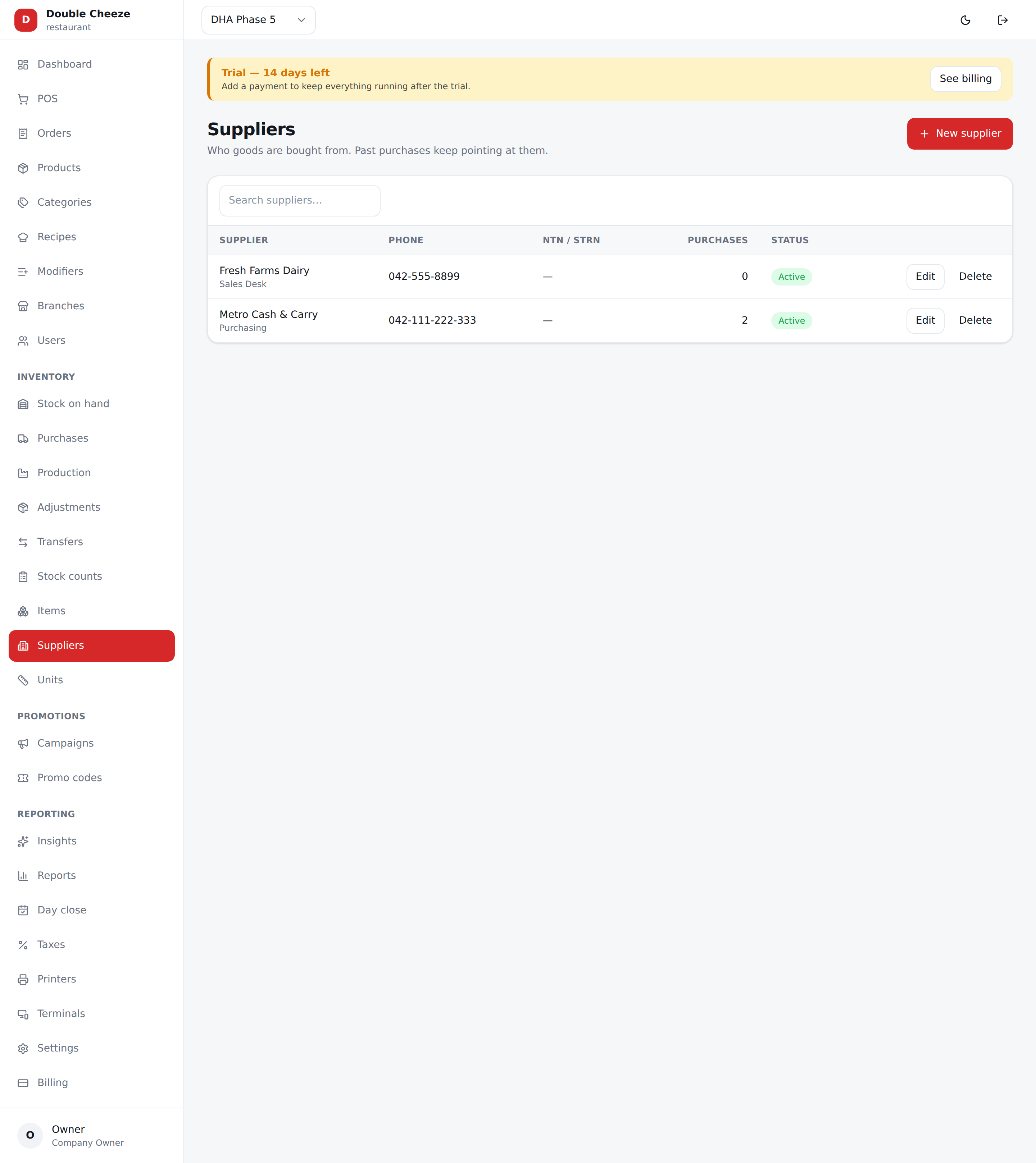 Suppliers. Adding a deleted one back brings its purchase history with it.