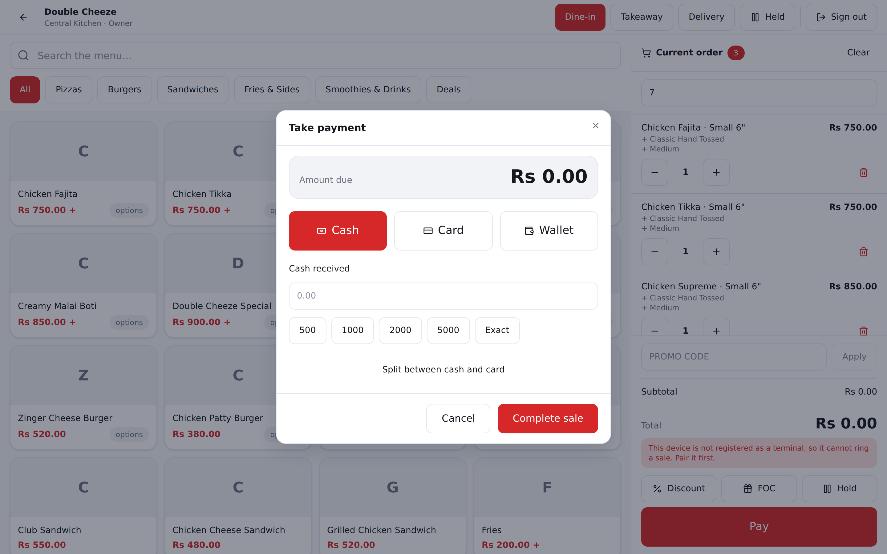 Taking payment. The method picks the tax rate, so a split re-prices the sale.
