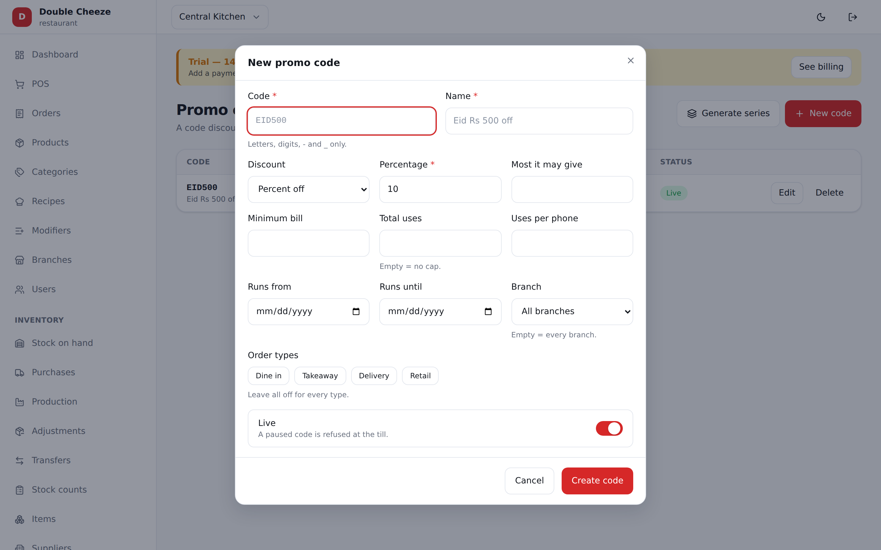 A code carries dates, a usage cap, a minimum order value and a per-phone limit.