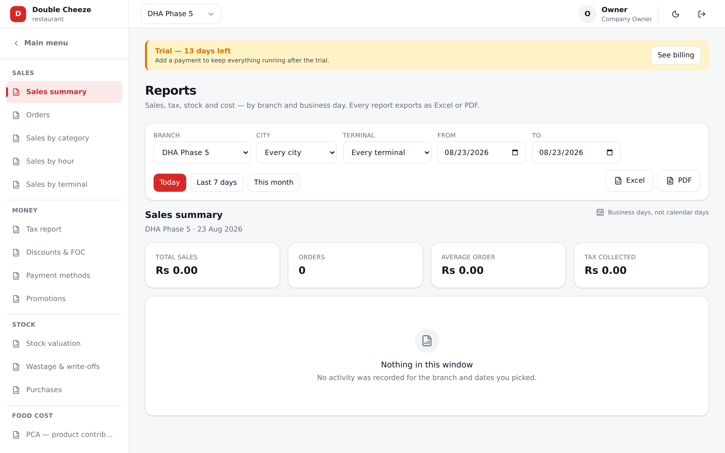 Every report reads the same service the Excel and PDF exports do.