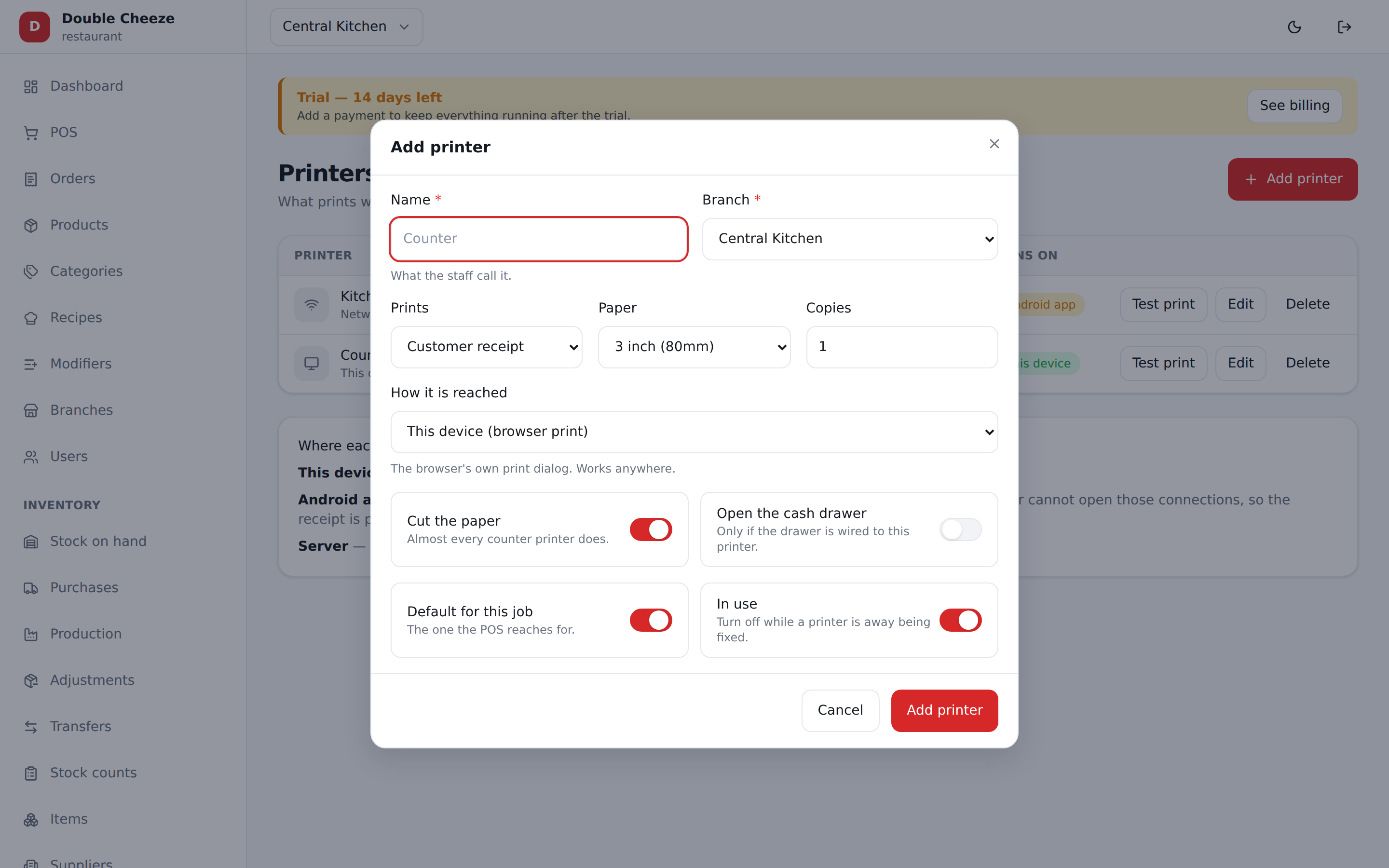 A printer row: a role, a transport, a paper size and its connection details.
