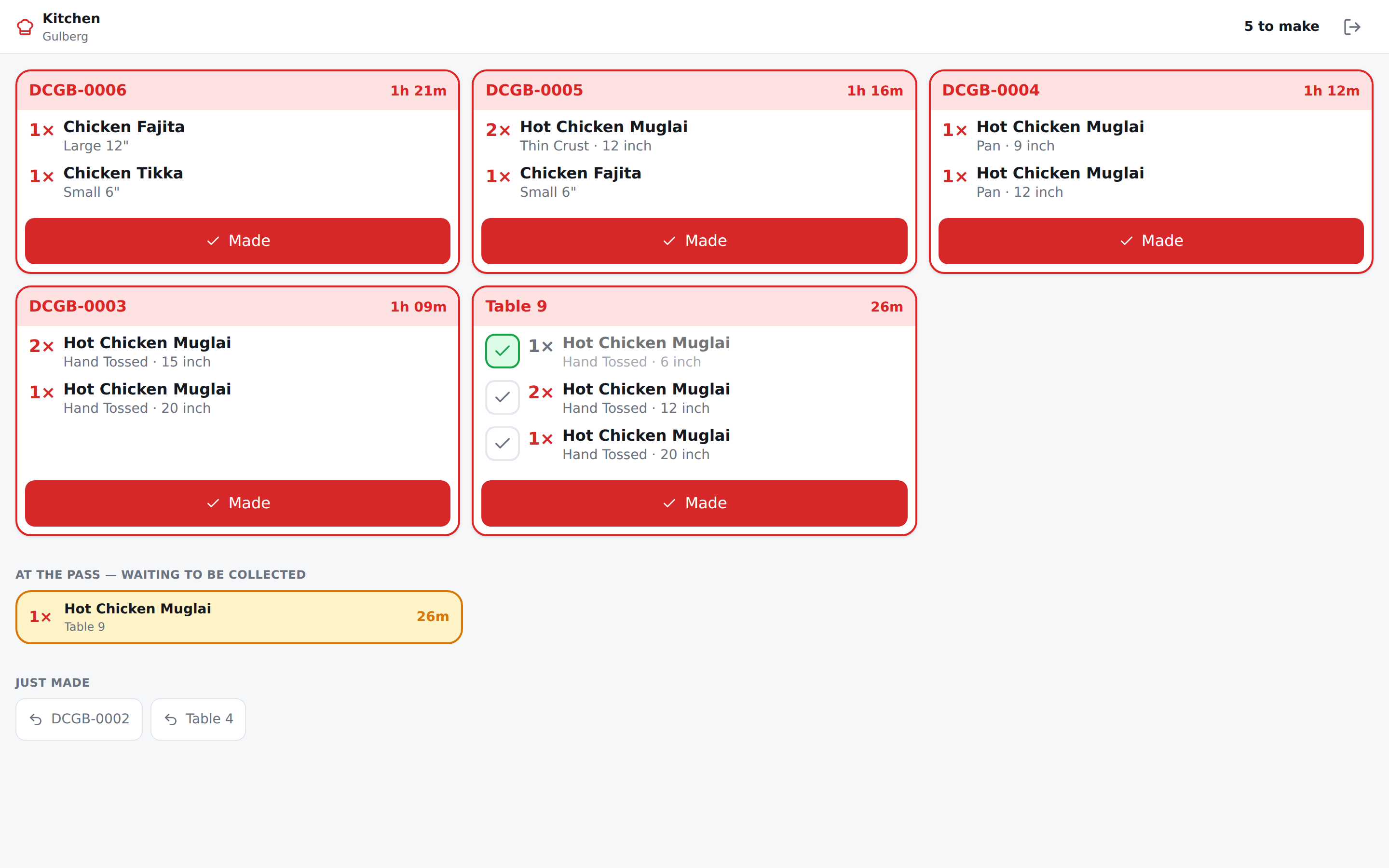 The pass on a screen: every card still to be made, oldest first, going amber and then red as it waits.
