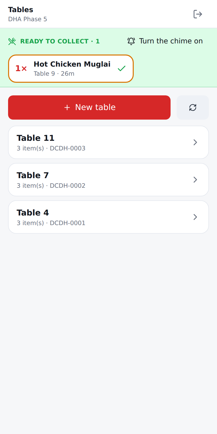 Every table the counter is holding. Tap one and the whole bill comes back with the table already filled in.
